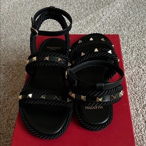 Valentino Black Sandals with Gold Studs Size 37 NIB